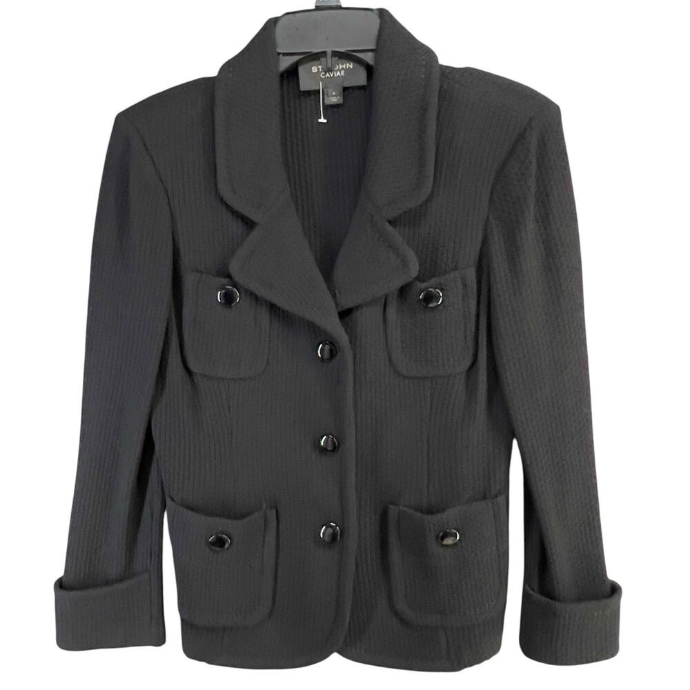 St John Caviar Santana Knit Blazer Jacket Women 6 Black Button Pockets Old Money - Picture 3 of 15